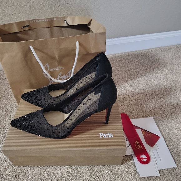 Christian Louboutin Black Mesh Crystal-Embellished Pointed Pumps - Picture 3 of 7